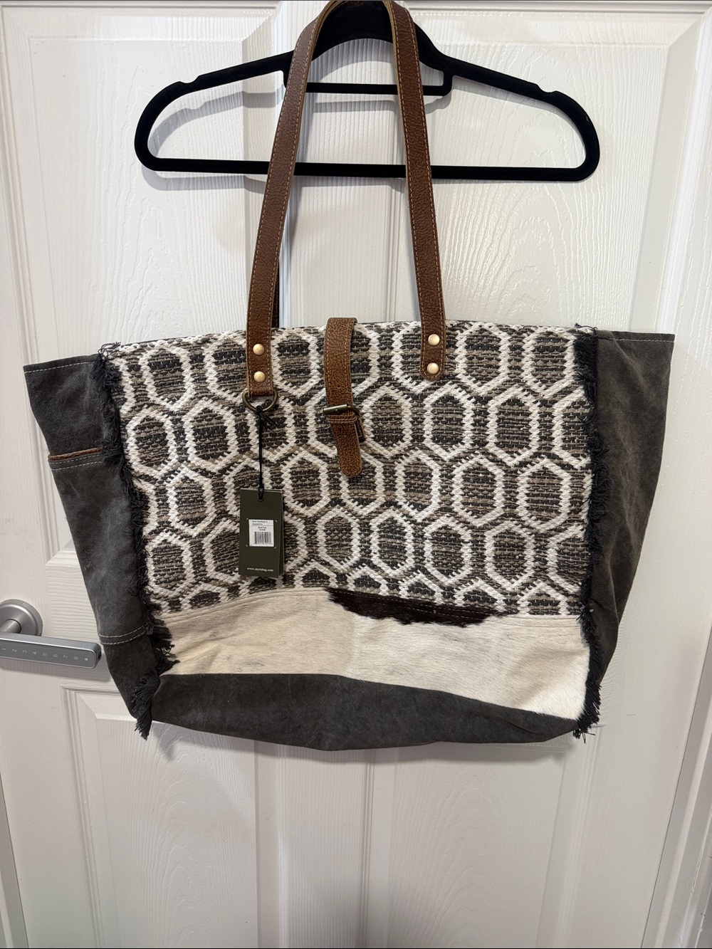 Myra Bag Brown and Gray Textured Woven Tote with Leather Straps